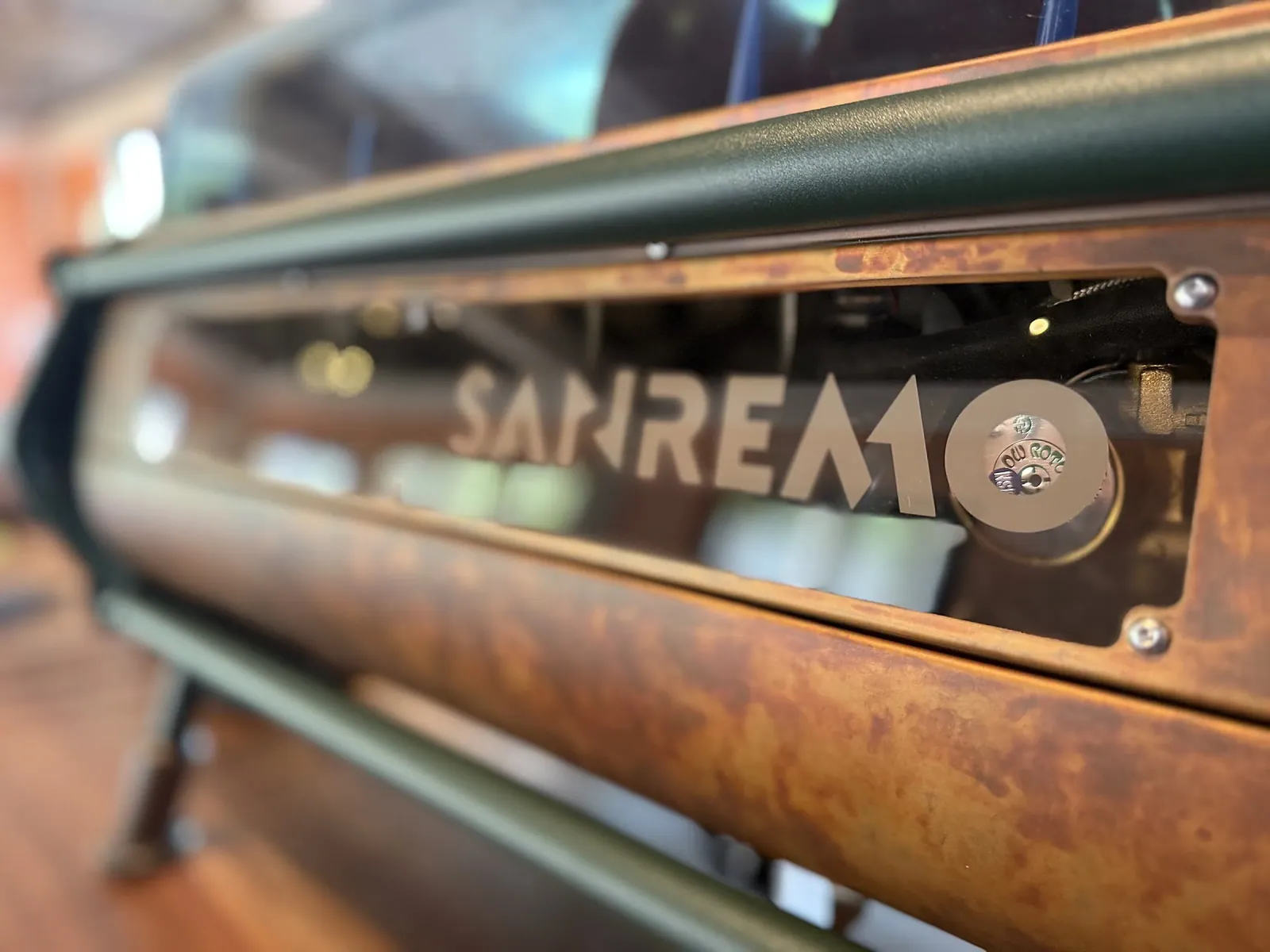 SanRemo Cafe Racer — espresso machine close-up with SANREMO branding