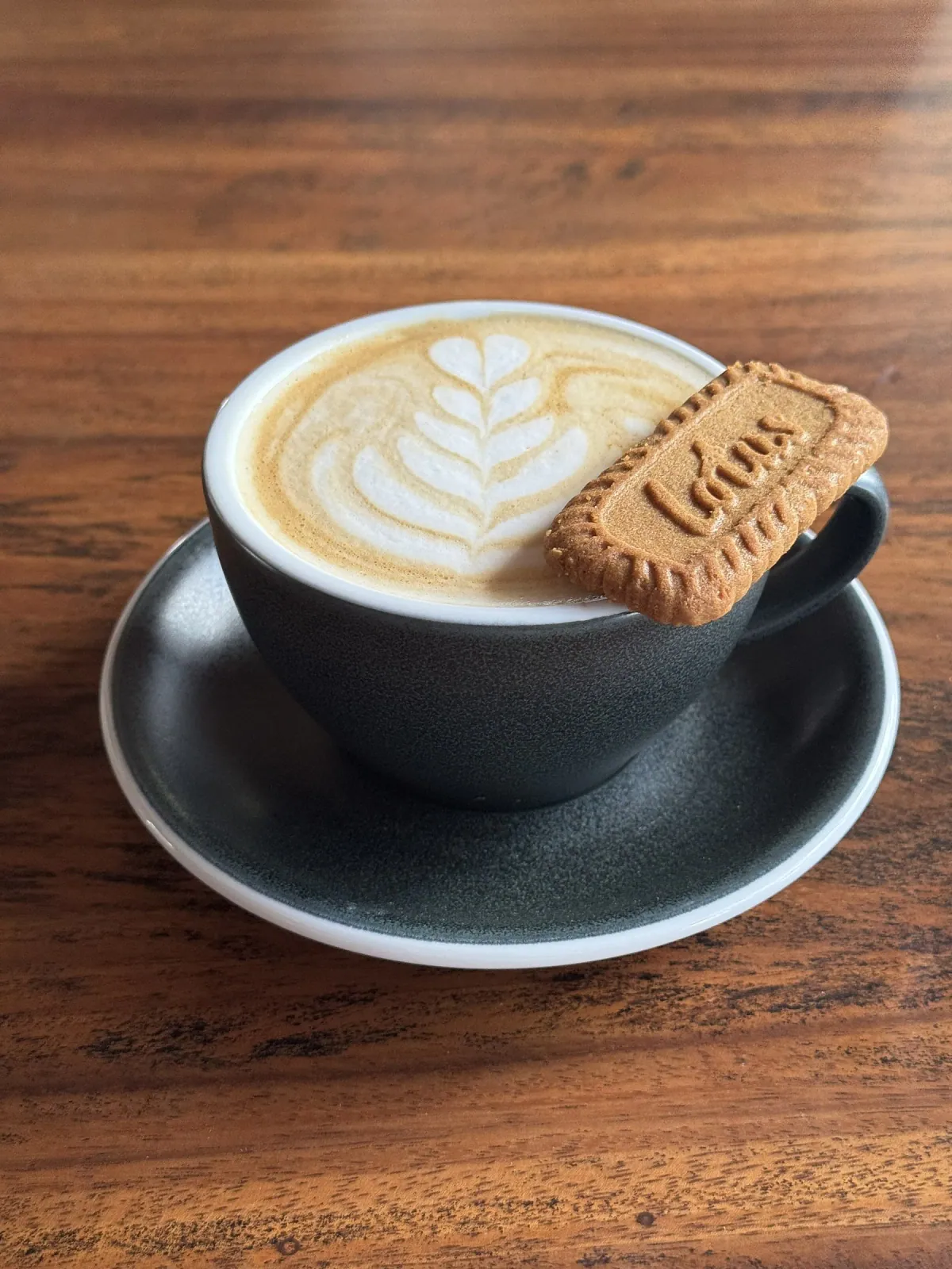 Biscoff Latte with leaf art, top-down