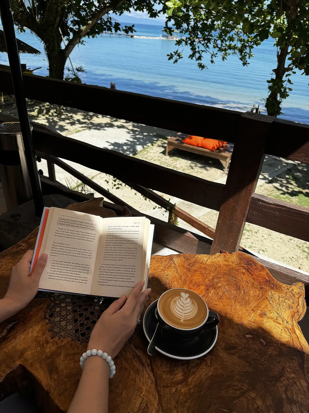 Reading a book with cappuccino latte art and sea view — your island base