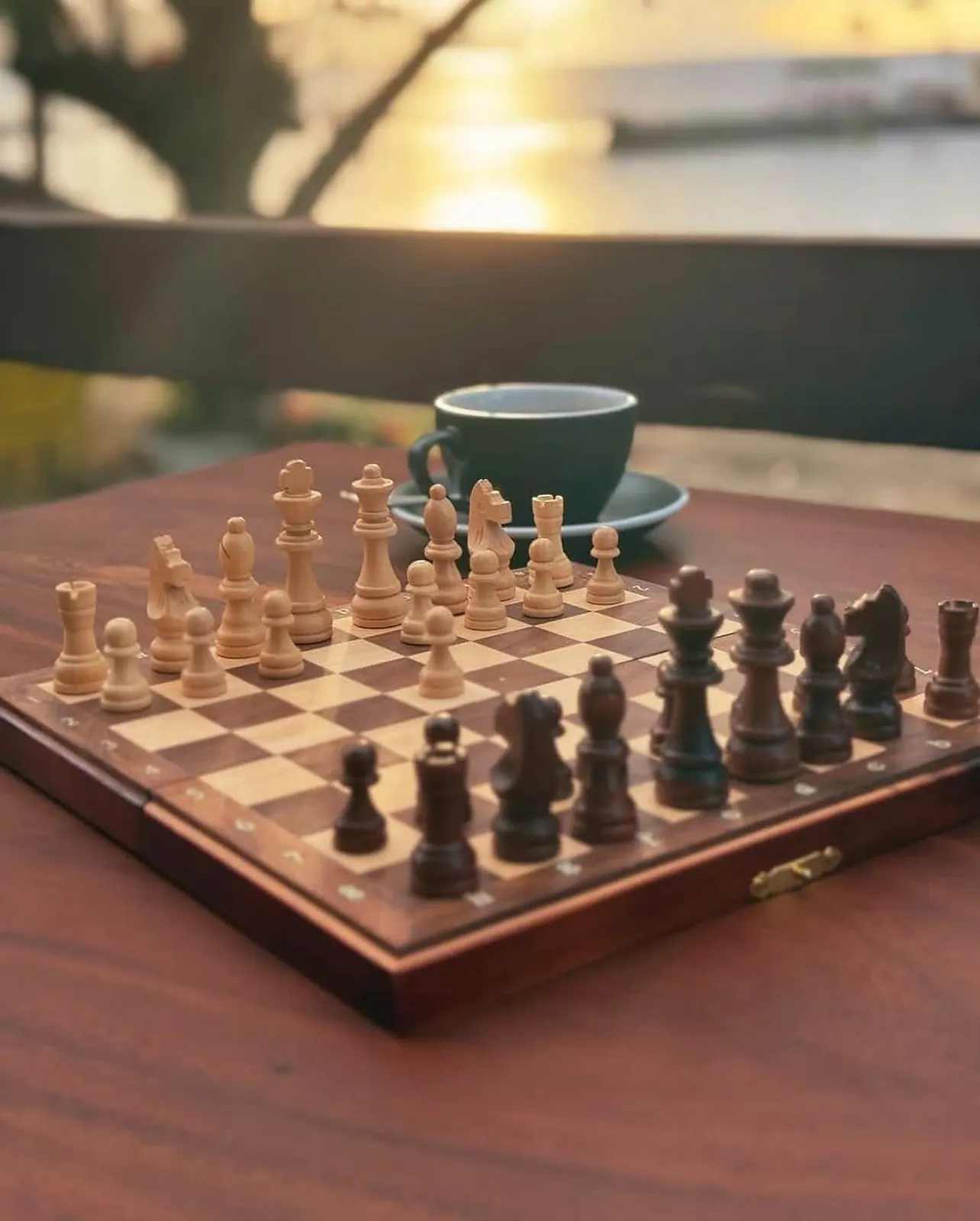 Board games and coffee at golden hour